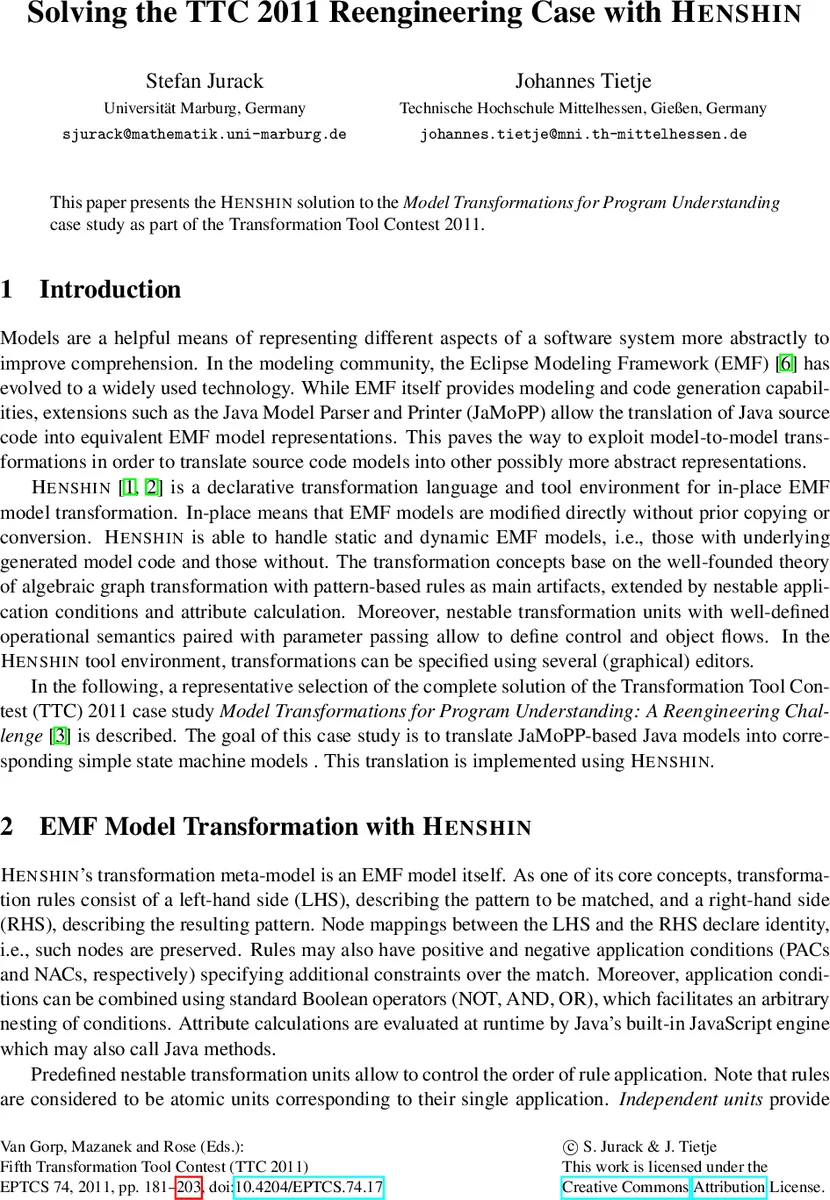 Solving the TTC 2011 Reengineering Case with Henshin