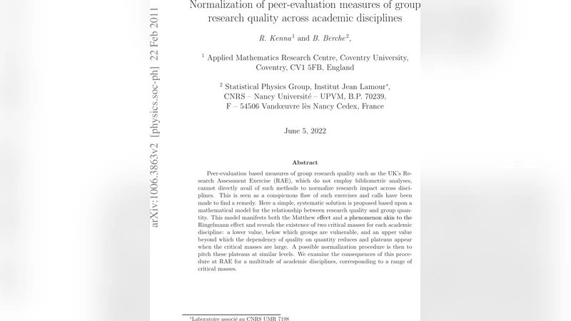 Normalization of peer-evaluation measures of group research quality   across academic disciplines