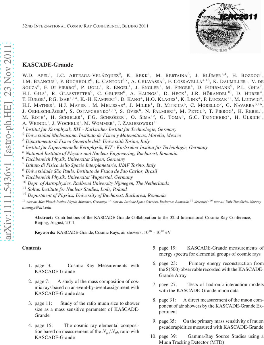 KASCADE-Grande - Contributions to the 32nd International Cosmic Ray   Conference, Beijing, August, 2011