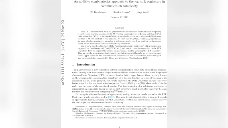 An additive combinatorics approach to the log-rank conjecture in   communication complexity