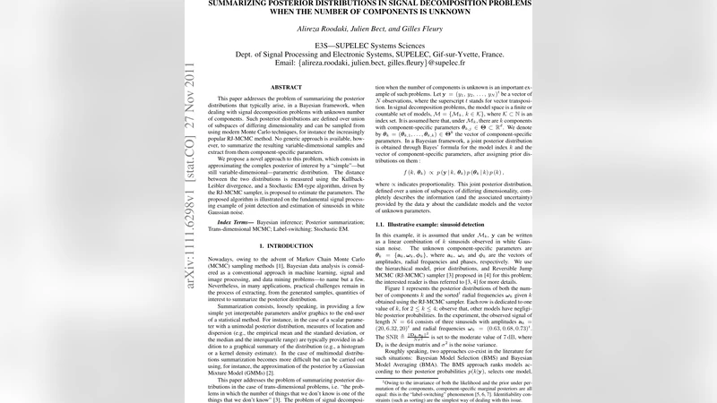 Summarizing posterior distributions in signal decomposition problems   when the number of components is unknown
