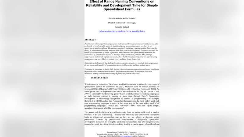 Effect of Range Naming Conventions on Reliability and Development Time   for Simple Spreadsheet Formulas