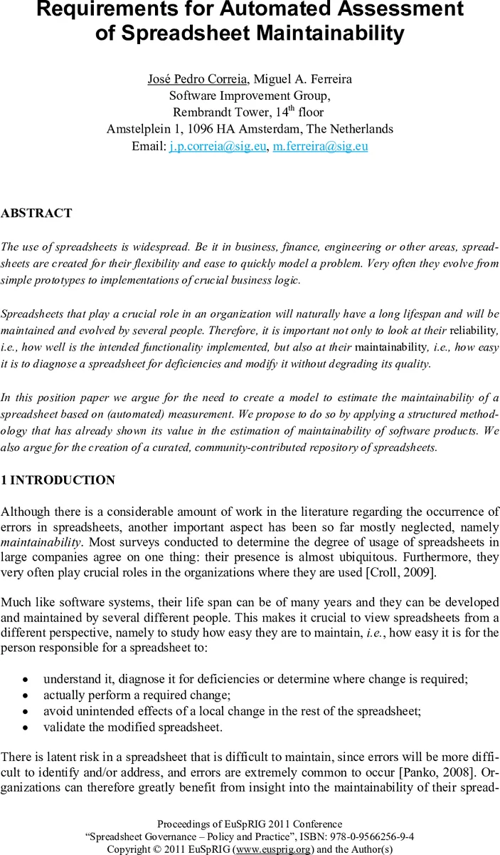 Requirements for Automated Assessment of Spreadsheet Maintainability