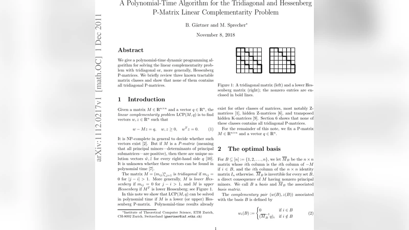 A Polynomial-Time Algorithm for the Tridiagonal and Hessenberg P-Matrix   Linear Complementarity Problem