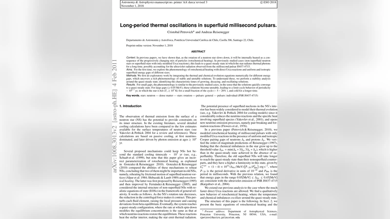 Long-period thermal oscillations in superfluid millisecond pulsars