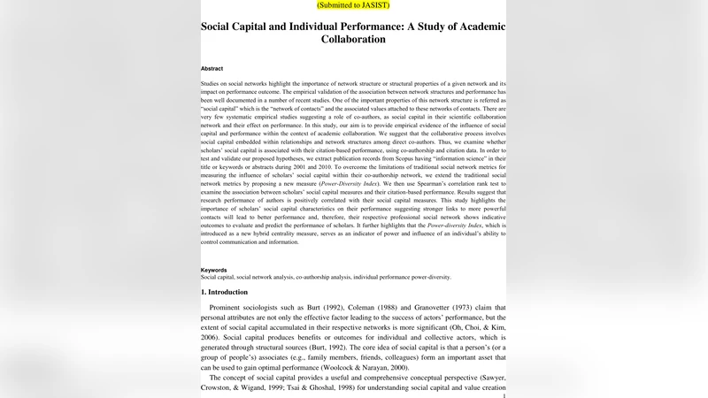 Social Capital and Individual Performance: A Study of Academic   Collaboration