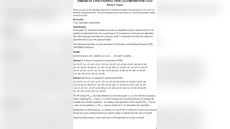 Errors in Improved Polynomial Algorithm For 3 Sat Proposed By Narendra   Chaudhari