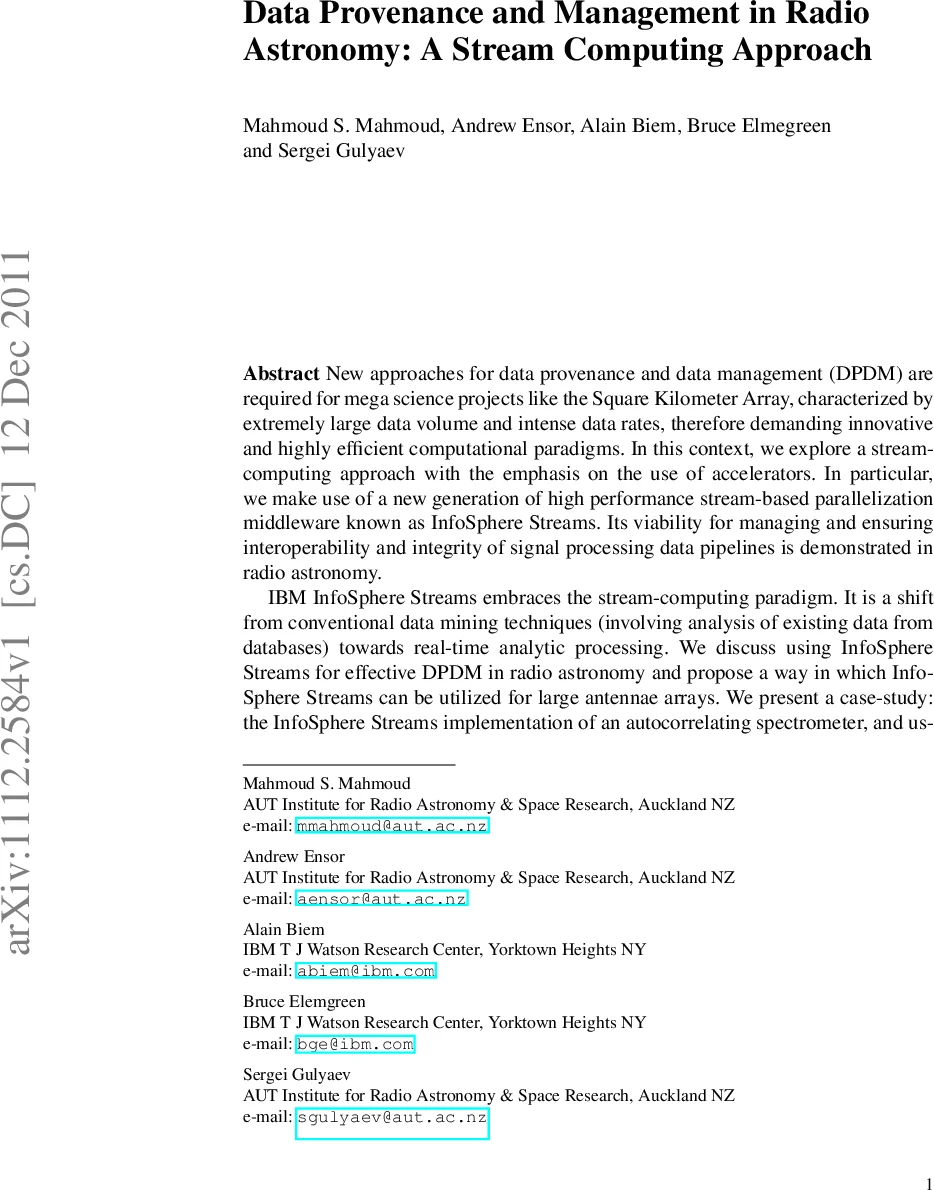 Data Provenance and Management in Radio Astronomy: A Stream Computing   Approach