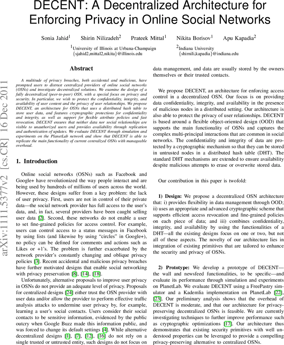 DECENT: A Decentralized Architecture for Enforcing Privacy in Online   Social Networks