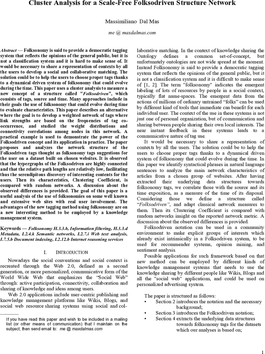 Cluster Analysis for a Scale-Free Folksodriven Structure Network