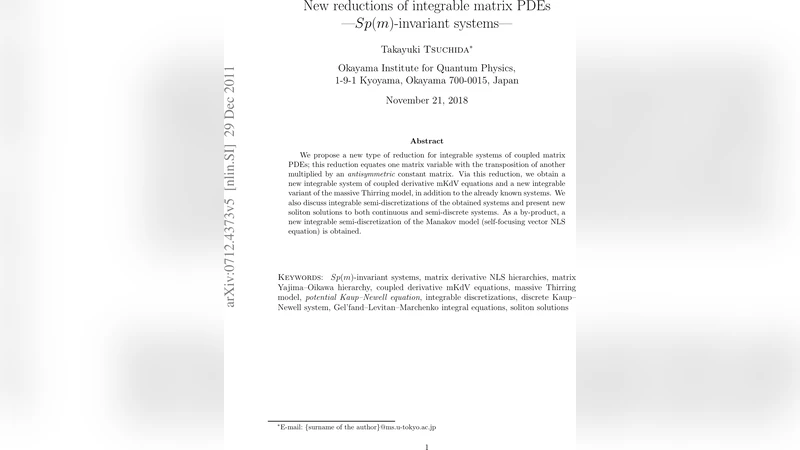 New reductions of integrable matrix PDEs: $Sp(m)$-invariant systems