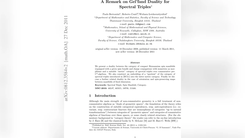 A Remark on Gelfand Duality for Spectral Triples
