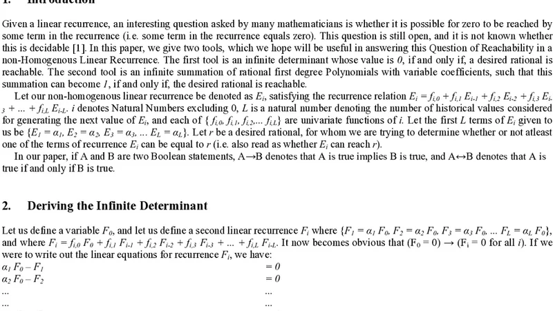 Expressing Reachability in Linear Recurrences, as Infinite Determinants   and Rational Polynomial Equations