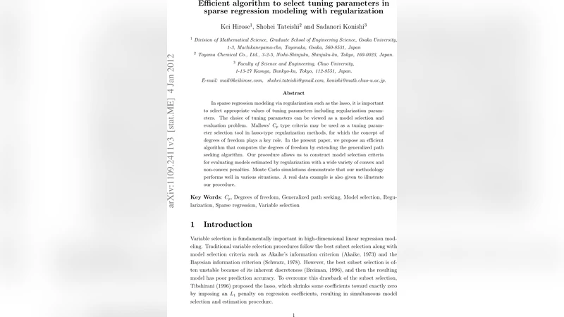 Efficient algorithm to select tuning parameters in sparse regression   modeling with regularization