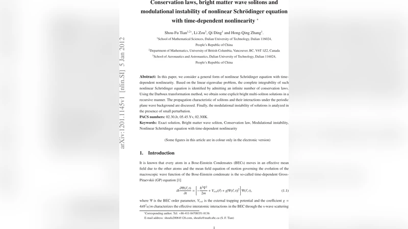 Conservation laws, bright matter wave solitons and modulational   instability of nonlinear Schr"{o}dinger equation with time-dependent   nonlinearity