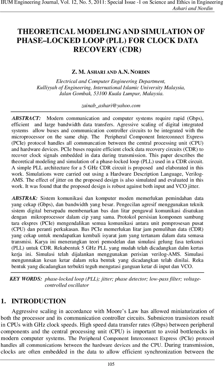 Theoretical Modeling and Simulation of Phase-Locked Loop (PLL) for Clock   Data Recovery (CDR)