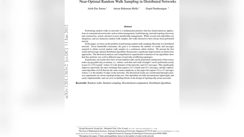Near-Optimal Random Walk Sampling in Distributed Networks