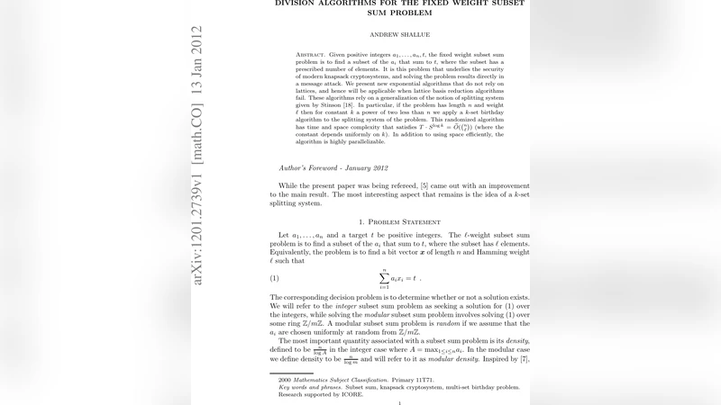 Division algorithms for the fixed weight subset sum problem