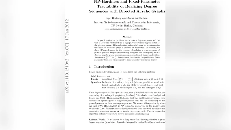 NP-Hardness and Fixed-Parameter Tractability of Realizing Degree   Sequences with Directed Acyclic Graphs