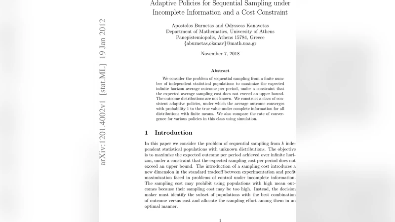 Adaptive Policies for Sequential Sampling under Incomplete Information   and a Cost Constraint
