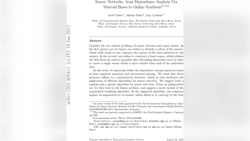 Sensor Networks: from Dependence Analysis Via Matroid Bases to Online   Synthesis