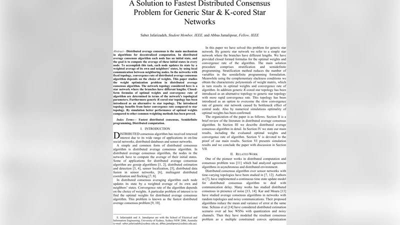 A Solution to Fastest Distributed Consensus Problem for Generic Star &   K-cored Star Networks