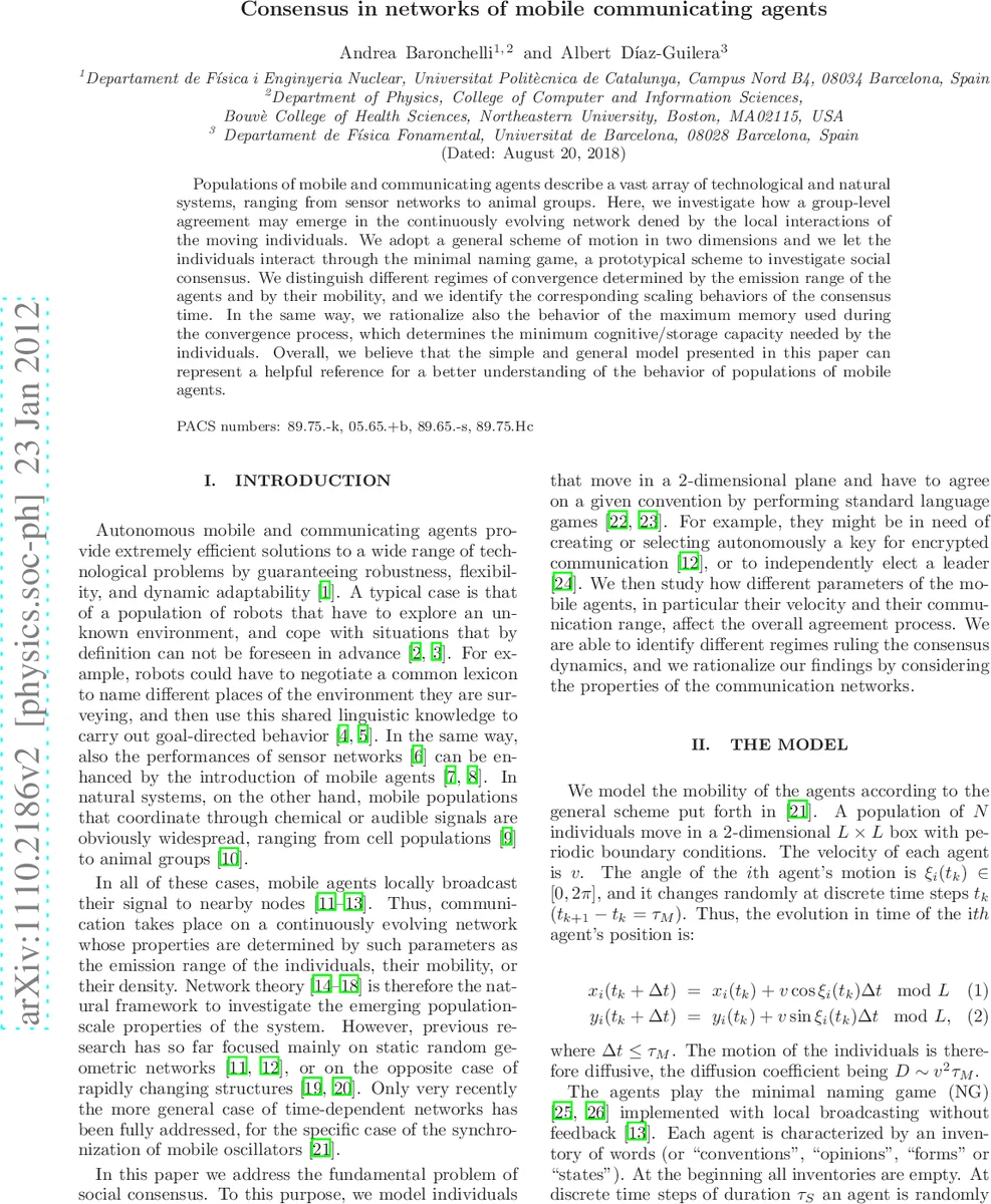 Consensus in networks of mobile communicating agents