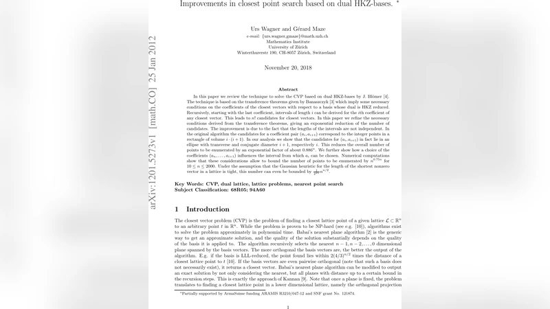 Improvements in closest point search based on dual HKZ-bases