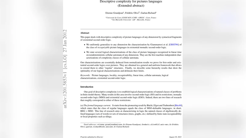 Descriptive complexity for pictures languages (extended abstract)
