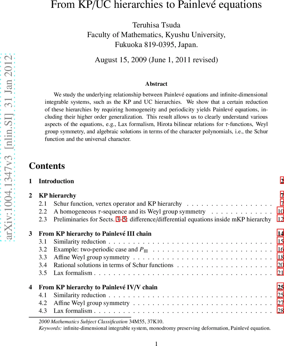 From KP/UC hierarchies to Painleve equations