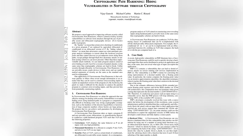 Cryptographic Path Hardening: Hiding Vulnerabilities in Software through   Cryptography