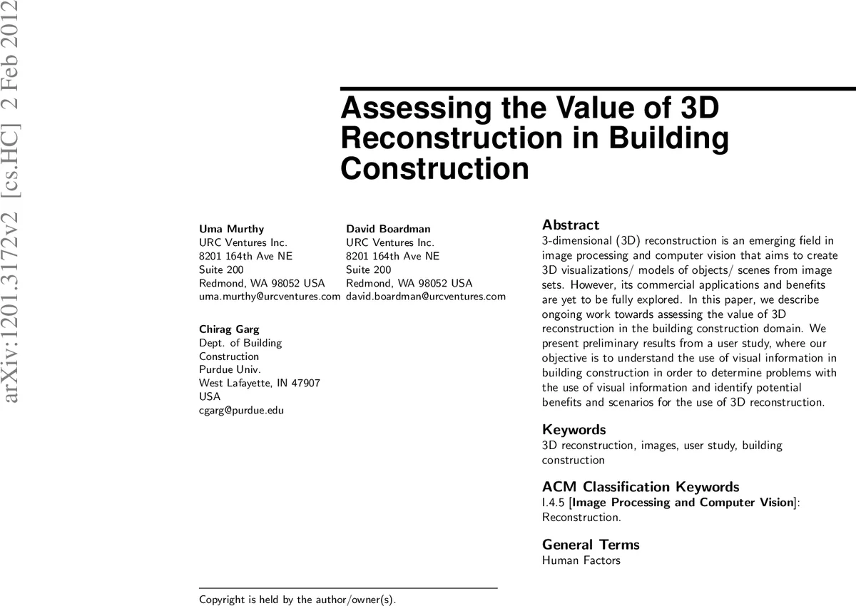 Assessing the Value of 3D Reconstruction in Building Construction