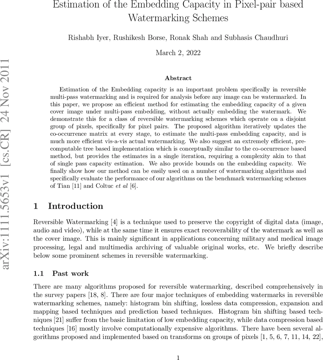 Estimation of the Embedding Capacity in Pixel-pair based Watermarking   Schemes