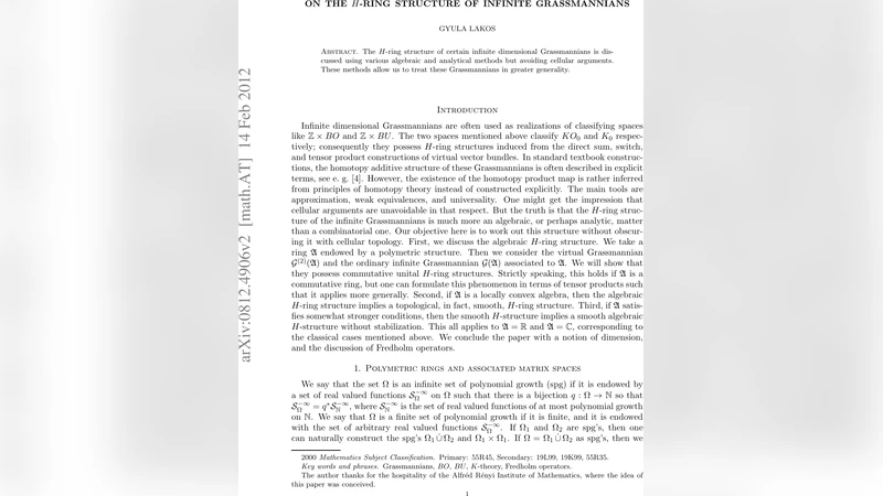 On the $H$-ring structure of infinite Grassmannians