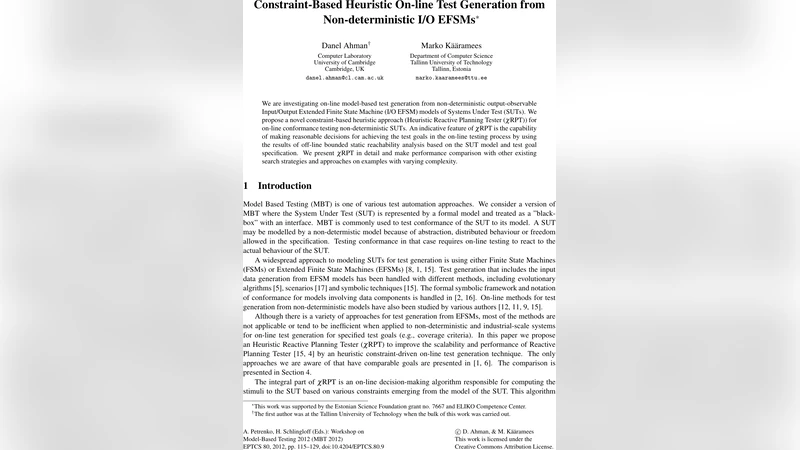 Constraint-Based Heuristic On-line Test Generation from   Non-deterministic I/O EFSMs