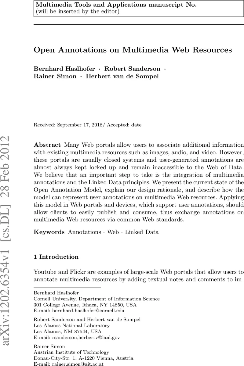Open Annotations on Multimedia Web Resources