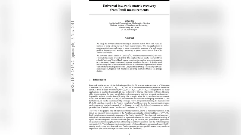 Universal low-rank matrix recovery from Pauli measurements