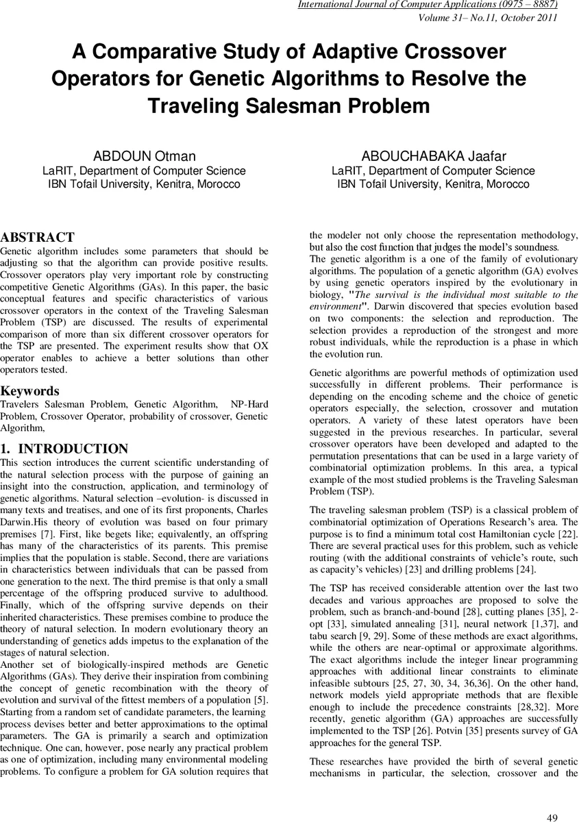 A Comparative Study of Adaptive Crossover Operators for Genetic   Algorithms to Resolve the Traveling Salesman Problem