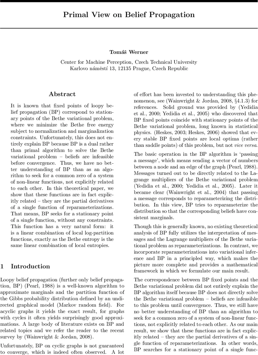 Primal View on Belief Propagation