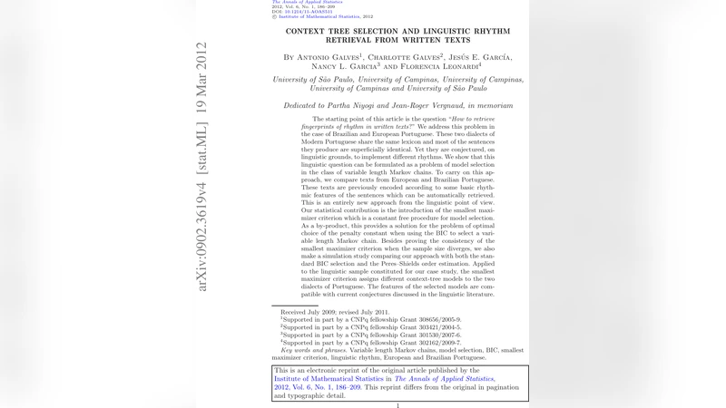 Context tree selection and linguistic rhythm retrieval from written   texts