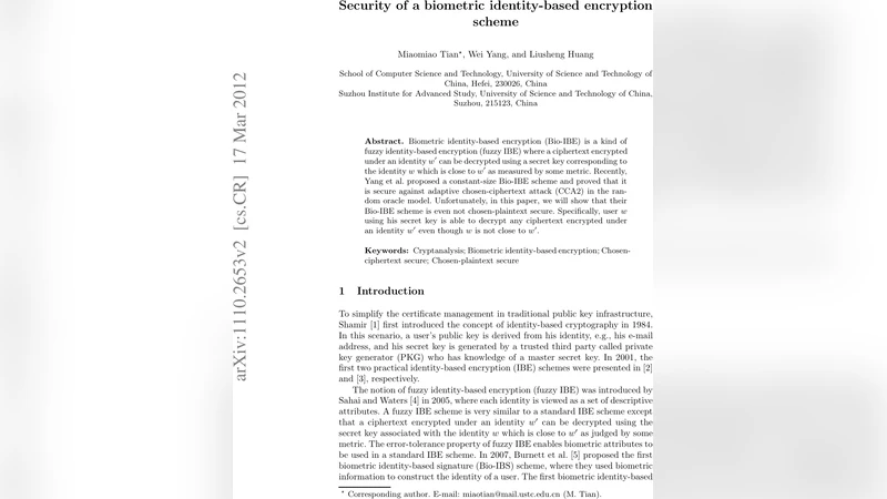 Security of a biometric identity-based encryption scheme