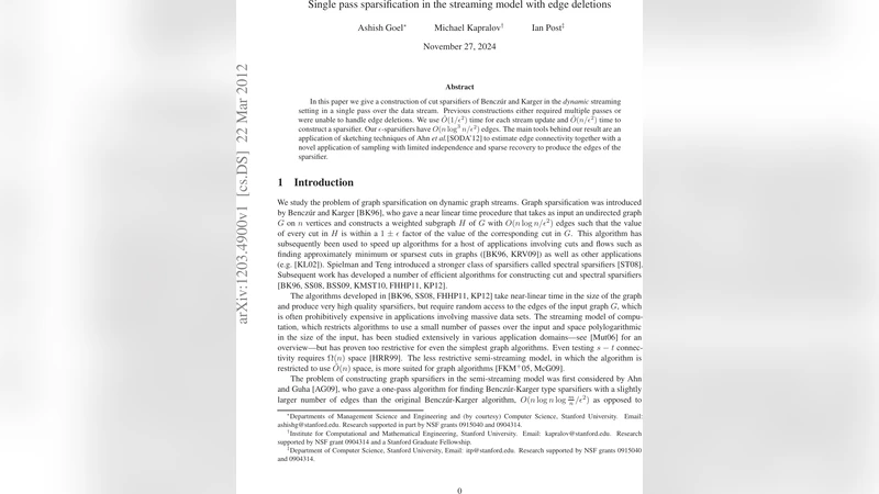 Single pass sparsification in the streaming model with edge deletions