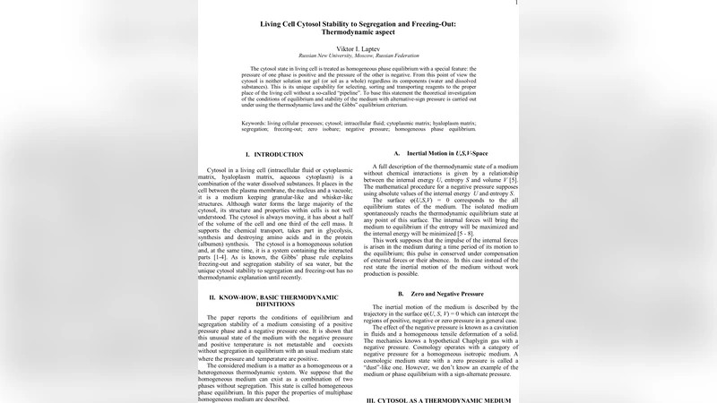 Living Cell Cytosol Stability to Segregation and   Freezing-Out:Thermodynamic aspect
