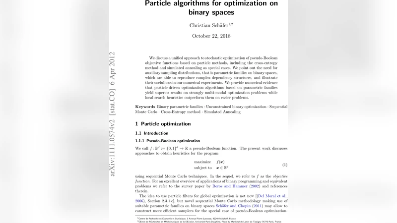 Particle algorithms for optimization on binary spaces