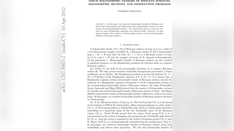 Veech holomorphic families of Riemann surfaces, holomorphic sections,   and Diophantine problems