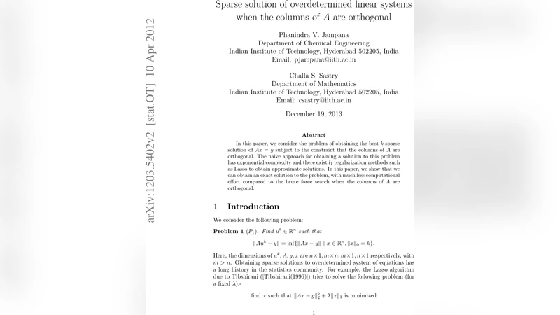 Sparse solution of overdetermined linear systems when the columns of $A$   are orthogonal
