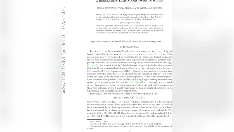 A regularity lemma and twins in words