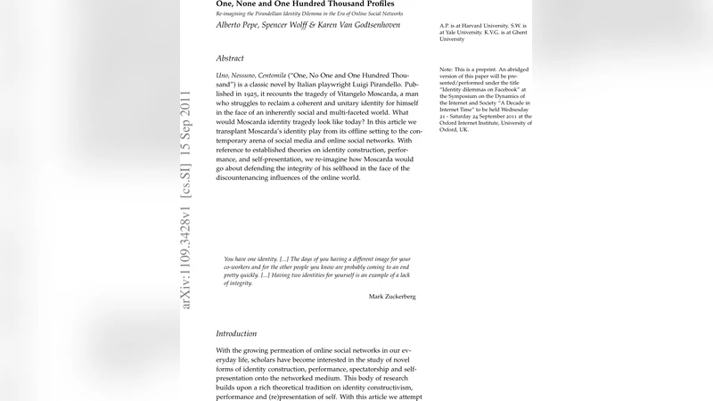 One, None and One Hundred Thousand Profiles: Re-imagining the   Pirandellian Identity Dilemma in the Era of Online Social Networks