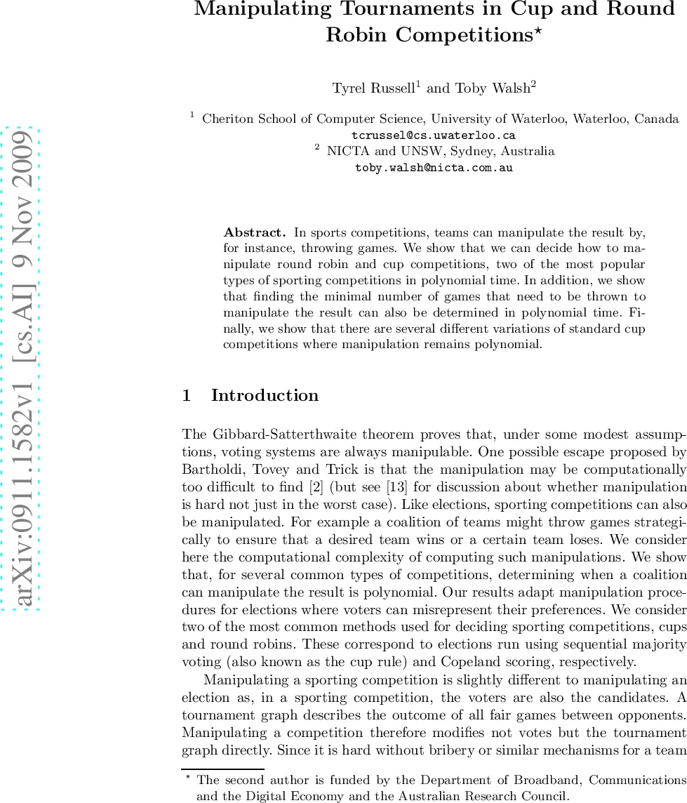 Manipulating Tournaments in Cup and Round Robin Competitions