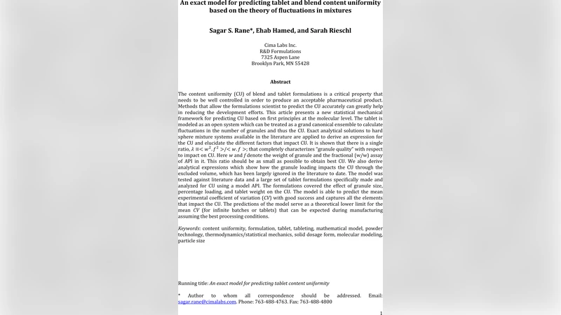An exact model for predicting tablet and blend content uniformity based   on the theory of fluctuations in mixtures